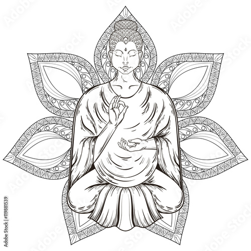 Vector Sitting Buddha in Lotus pose, isolated on mandala, teachi