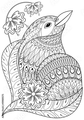 Zentangle exotic bird in flowers. Hand drawn ethnic animal for a