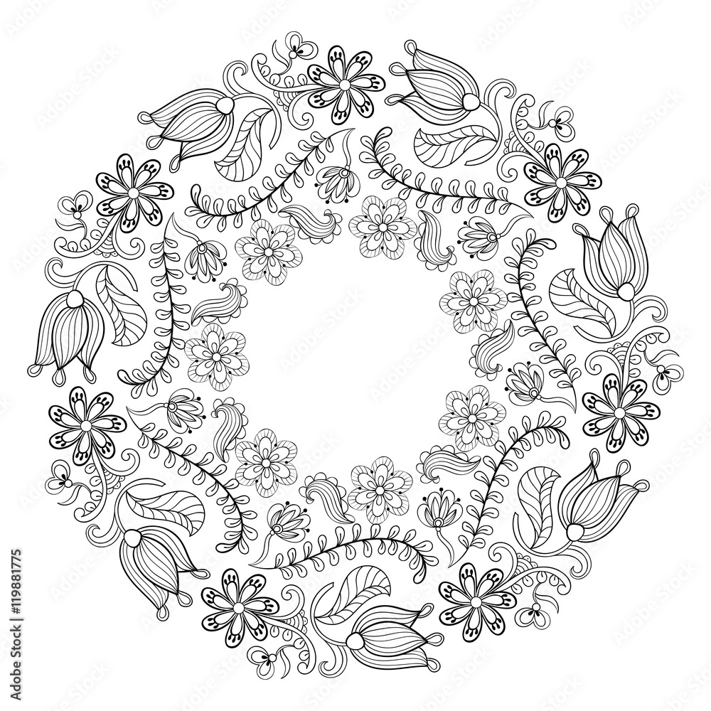 Zentangle stylized floral wreath. Freehand boho sketch for adult