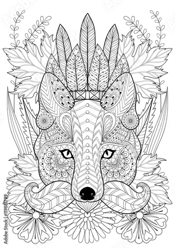 Zentangle stylized fox with moustache, war bonnet on flowers. Et