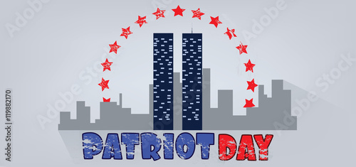 Vector Patriot Day, with red stars, usa flag and twin towers over silver background.