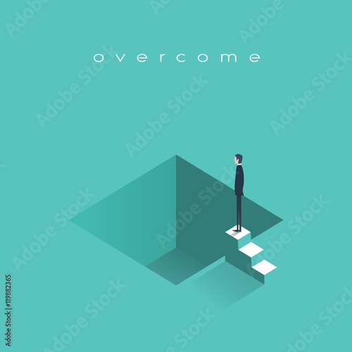Failure in business vector concept illustration with depressed businessman standing ready to jump. Symbol of bankruptcy, professional problems, crisis.