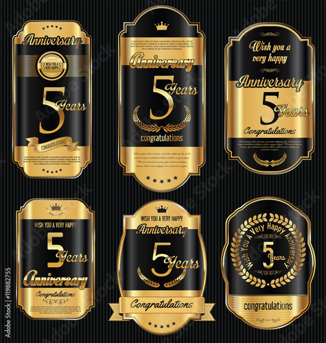 Anniversary golden retro vintage labels collection 5 years