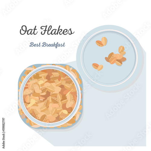 Oat Flakes in a glass jar. Vector illustration, flat lay.