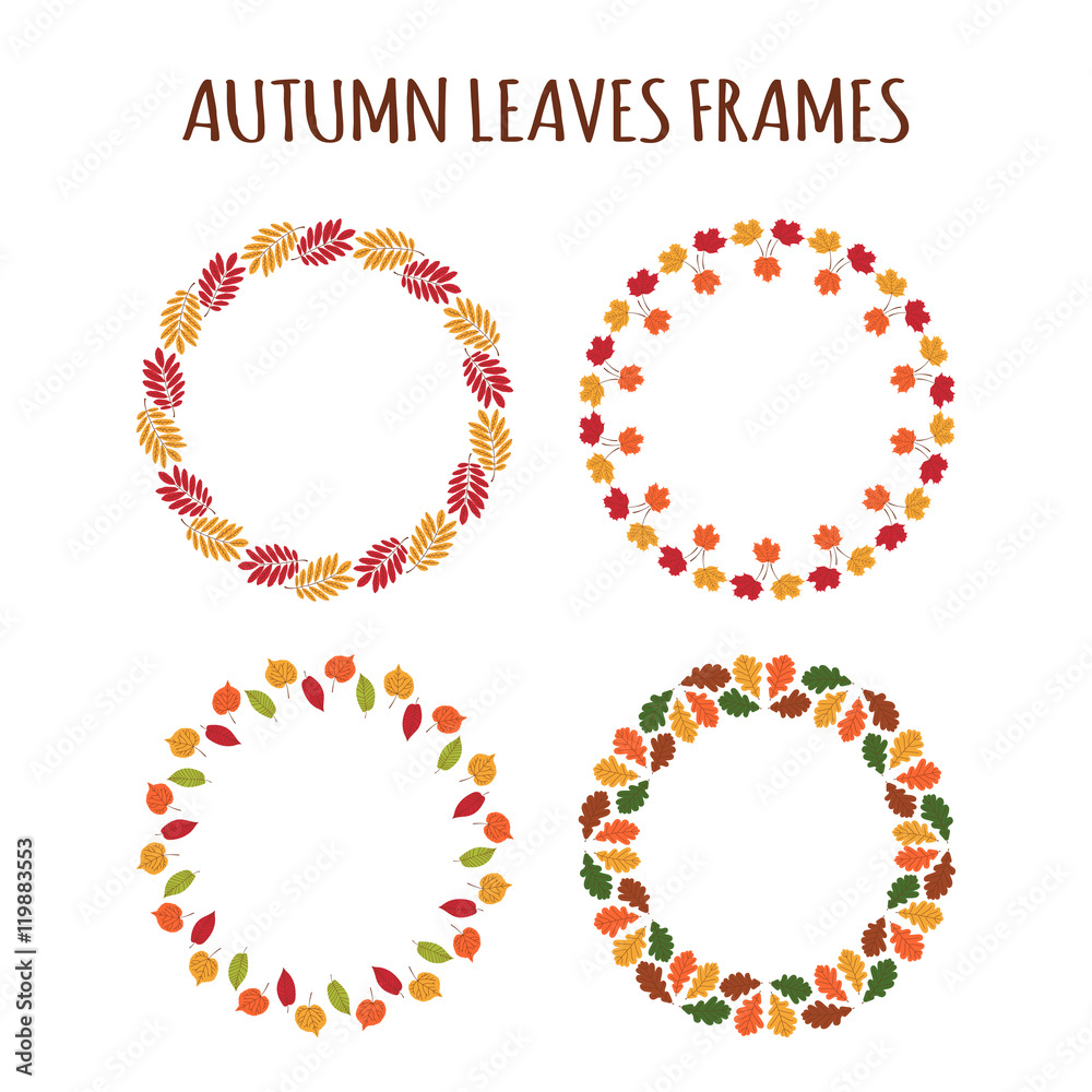 Autumn frames vector. Circle wreath from oak, rowan, maple, aspen and elm leaves. Border elements for your design banner, flyer, background, wallpaper, card and others.