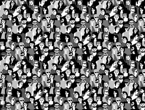 Big crowd happy people black and white seamless pattern.