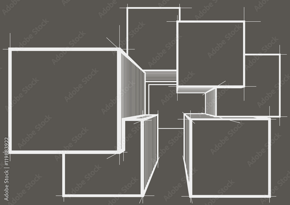 abstract architectural sketch cubes on gray background