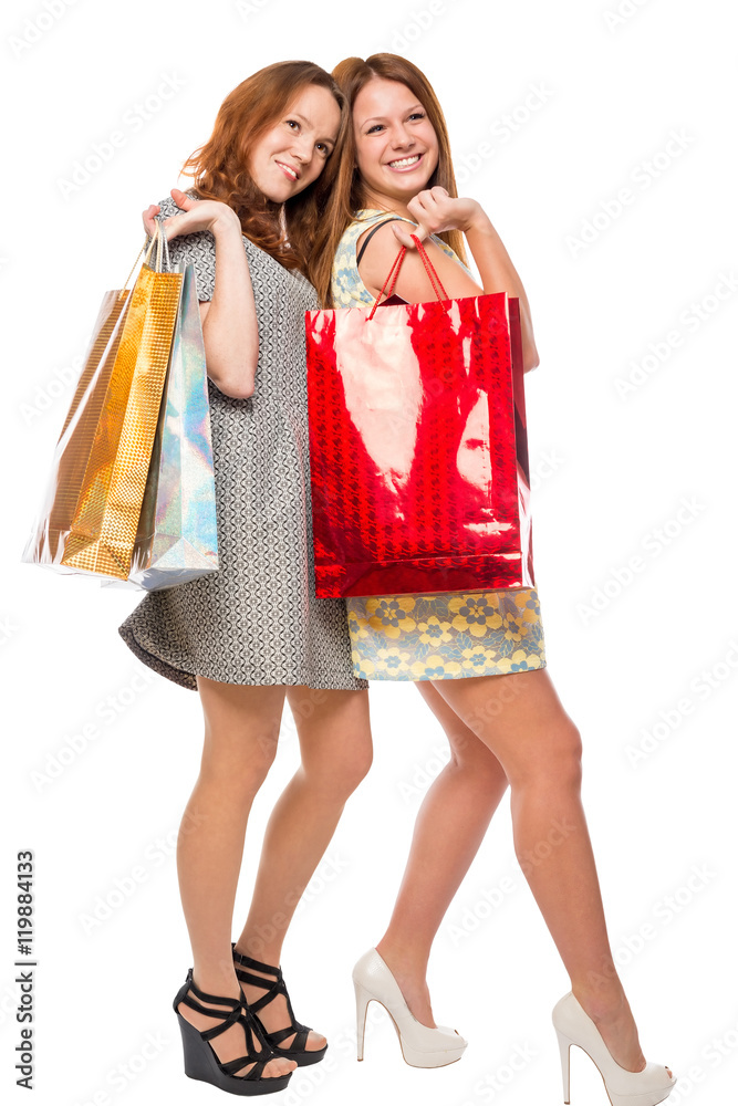 happy woman after shopping with purchases on a white background happy woman after shopping with purchases on a white background
