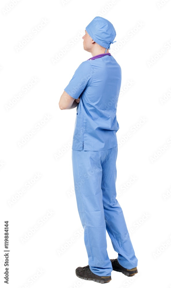 Back view of doctor in robe. Standing young guy. Rear view people collection. backside view of person. Isolated over white background. Back view of doctor in robe. Standing young guy. Rear view people collection. backside view of person. Isolated over white background.