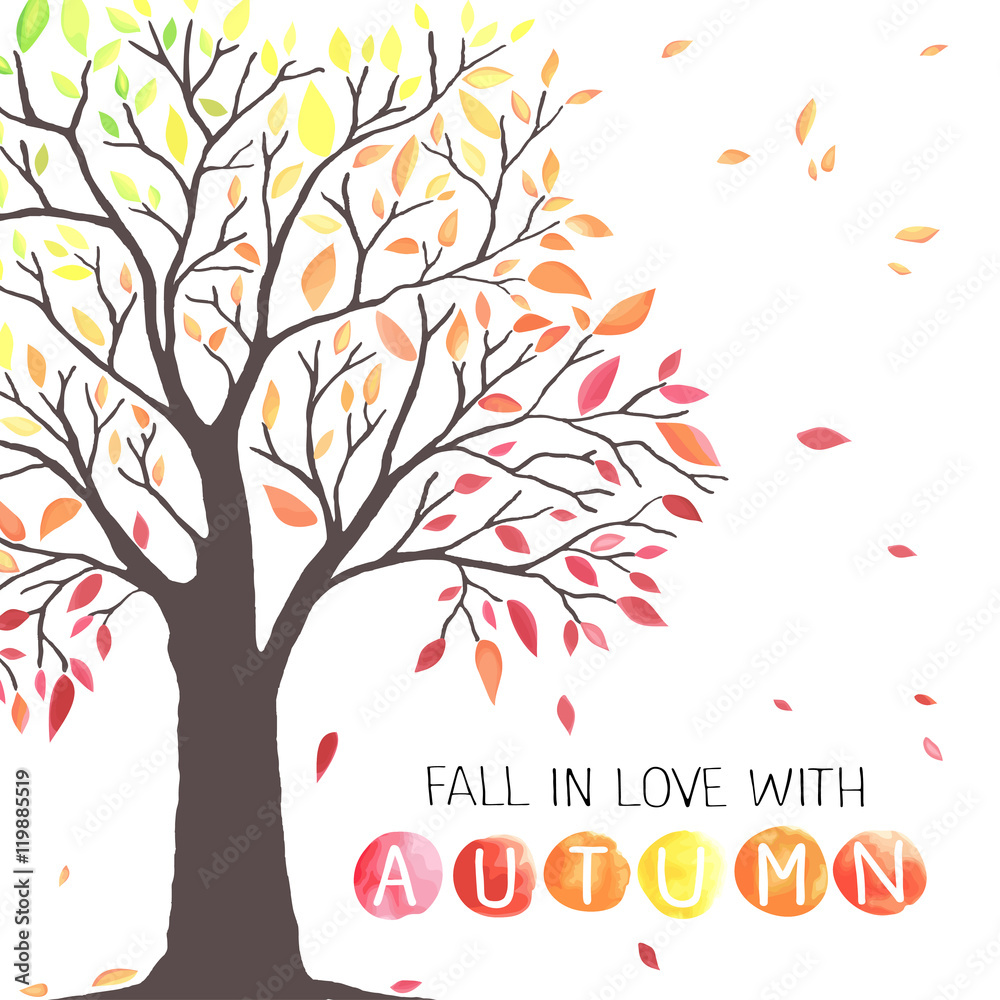Plakat Autumn tree with falling down leaves.