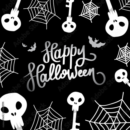Happy Halloween. The trend calligraphy. Illustration with scull, web and bats