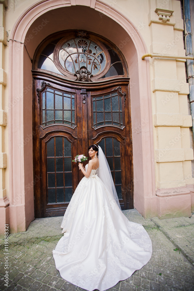 Obraz premium Beautiful bride in amazing white dress with bouquet