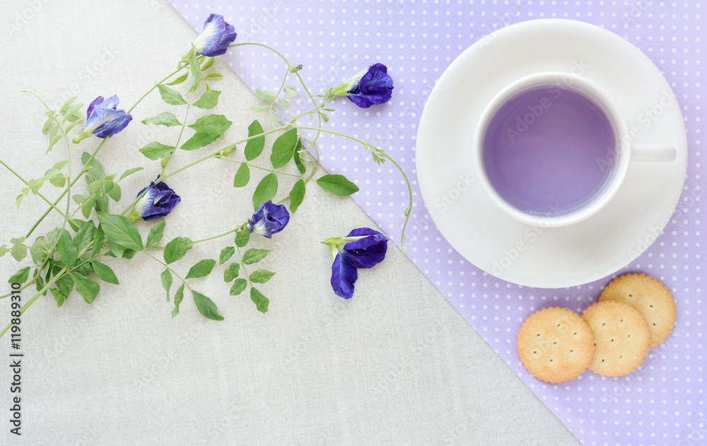 A cup of herbal butterfly-pea flower tea (Asian pigeonwings) good for hair care, memory enhancer anti-stress antiinflammatory and antioxidant A cup of herbal butterfly-pea flower tea (Asian pigeonwings) good for hair care, memory enhancer anti-stress antiinflammatory and antioxidant