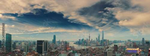 Aerial photography at Shanghai bund Skyline of panorama