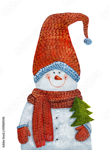 Snowman with Christmas tree. Watercolor illustration
