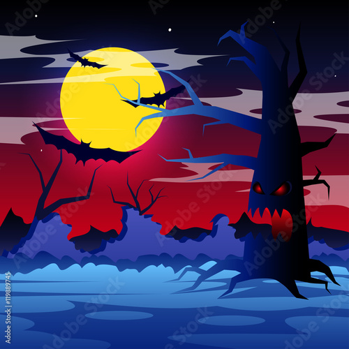Halloween night with scary tree on the moon background, vector illustration.
