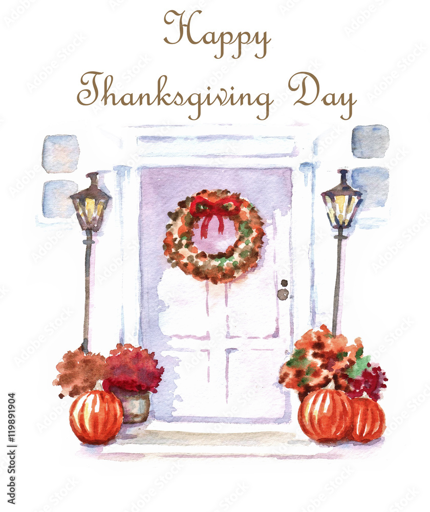 Template for Thanksgiving Day greeting card. Hand-drawn illustration of decorated door with autumn wreath and pumpkins.
