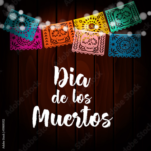 Dia de Los Muertos, Mexican Day of the Dead card, invitation. Party decoration, string of lights, handmade cut paper flags, skul