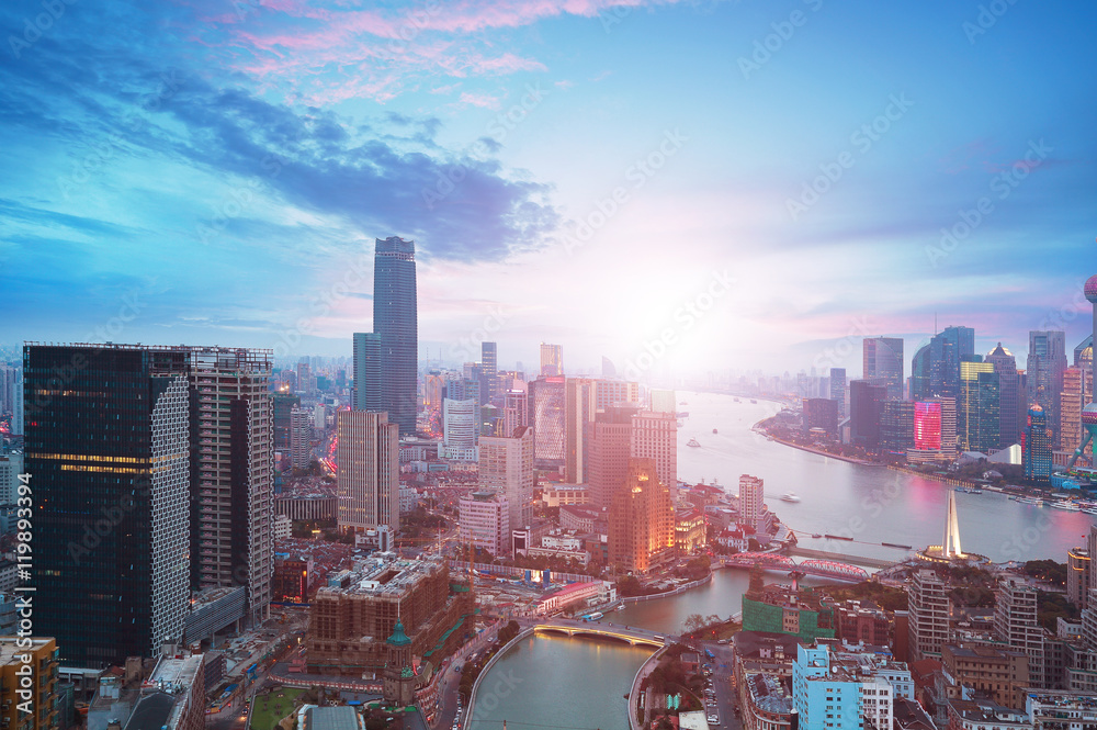 Fototapeta premium Aerial photography at Shanghai bund Skyline of sunrise