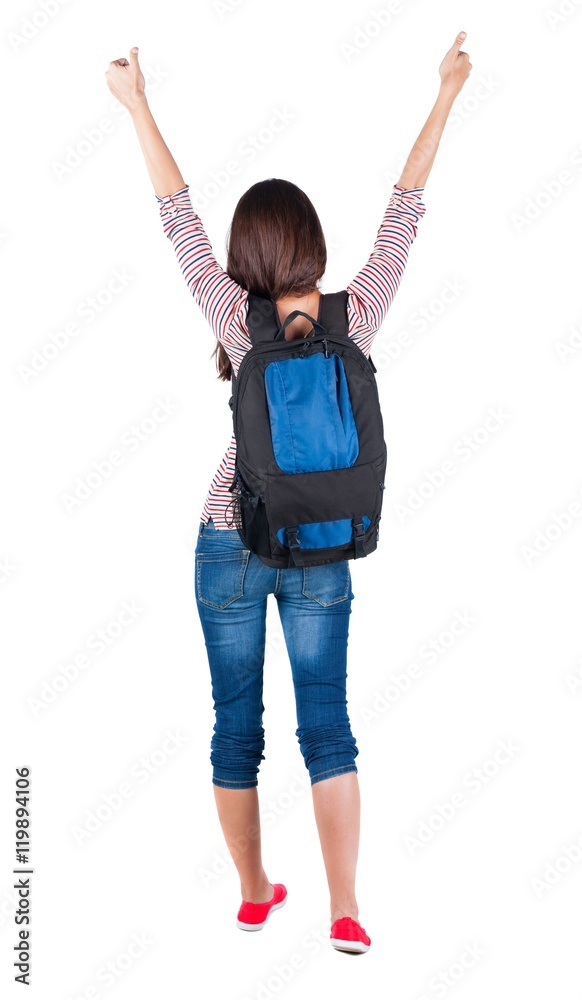 Back view of brunette woman with backpack thumbs up. girl shows ok sign . Rear view people collection. backside view of person. Isolated over white background.
Back view of brunette woman with backpack thumbs up. girl shows ok sign . Rear view people collection. backside view of person. Isolated over white background.
