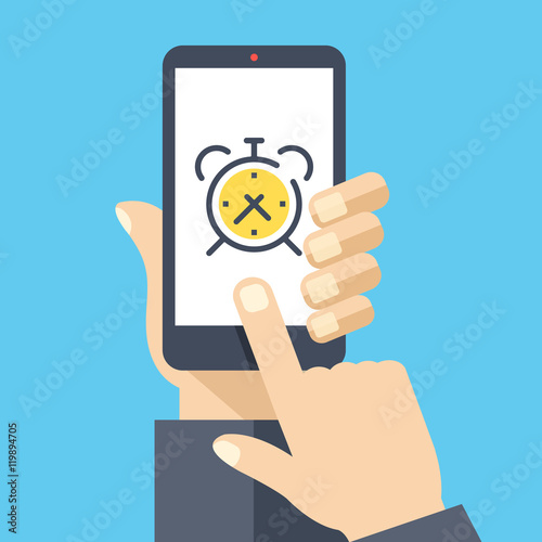 Alarm clock on smartphone screen. Wake up app. Hand holding smartphone, finger touching screen. Modern flat design vector illustration