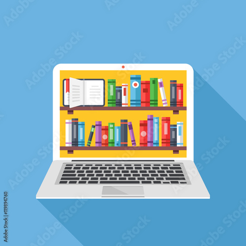 Bookshelves with books on laptop screen. Online digital library. Modern concepts. Creative flat design vector illustration
