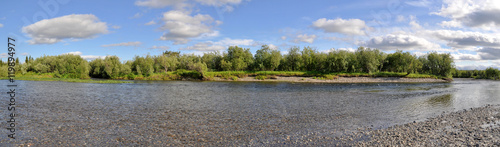 Panoramic river landscape in the polar Urals.