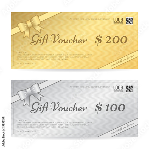 Photos Gift voucher or gift certificate template with ribbon