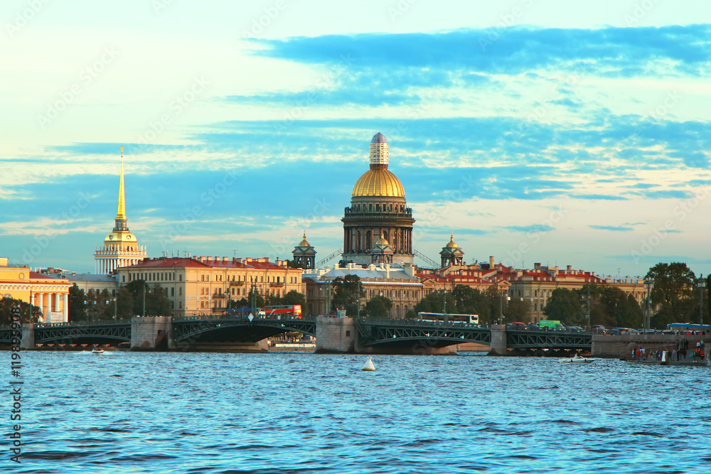 Classic view of the Neva river and St. Isaac's Cathedral and the Palace Bridge. Travel background