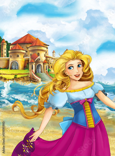 Cartoon scene with princess in front of big beautiful castle - illustration for children
