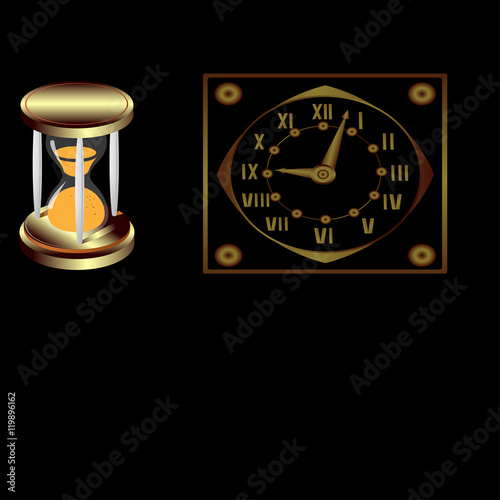 Sand and mechanical clock on a black background