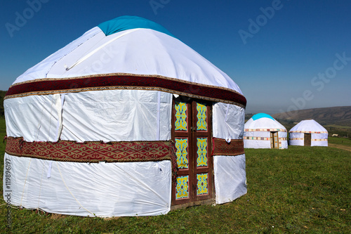 village of yurts in the mountain pastures in Asia
