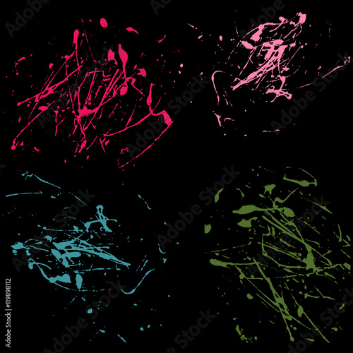 Vector splatter paint abstract on black background set hand drawing design art, stain splash ink red, pink, blue, green colors grunge texture, spray pattern