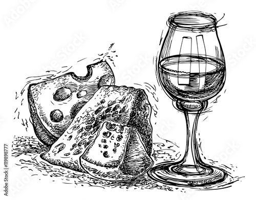 Still life with cheese and wine. Sketchy style. Hand drawn graphic illustration in vector. Ink drawing.