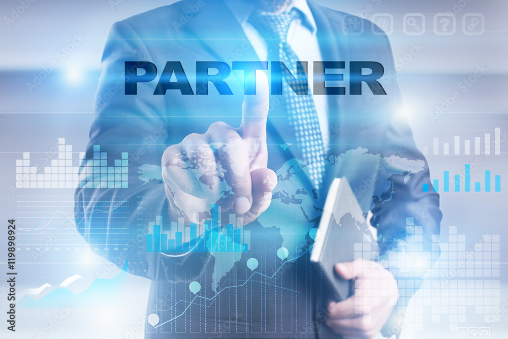 Businessman is pressing button on touch screen interface and selecting 