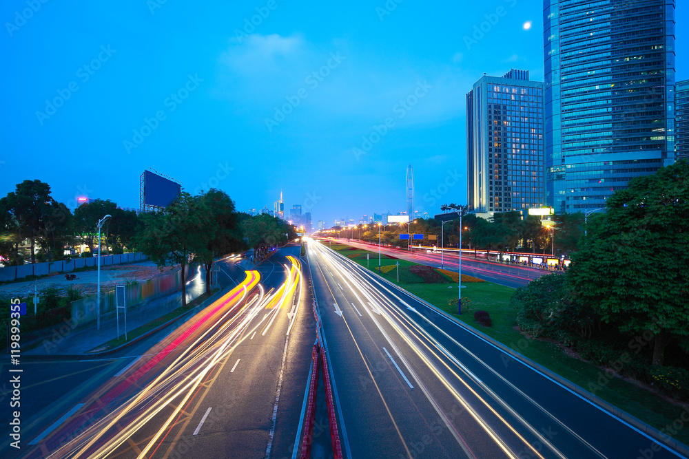 Empty road surface floor with modern city landmark architecture