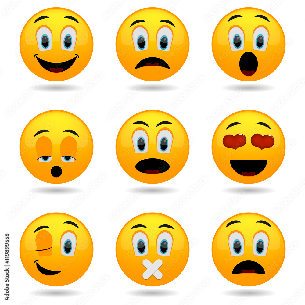 Fototapeta premium Set of Emoticons. Smile icons. Smiley faces. Emotional funny faces in glossy 3D. Isolated on white background.