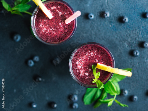 Fresh blueberry smoothie in glass