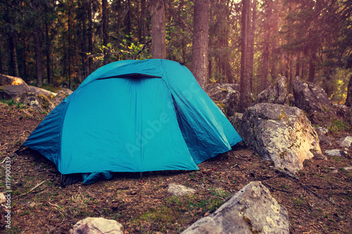 Blue pro trekking Tent in wild forest