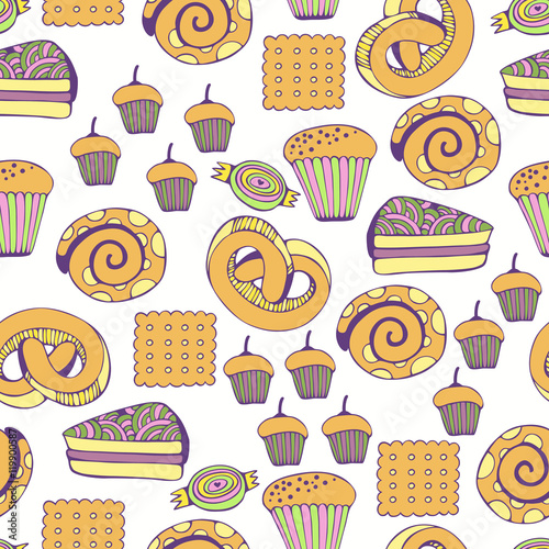 Hand drawn sweets and candies set. Colorful Vector Seamless Pattern.