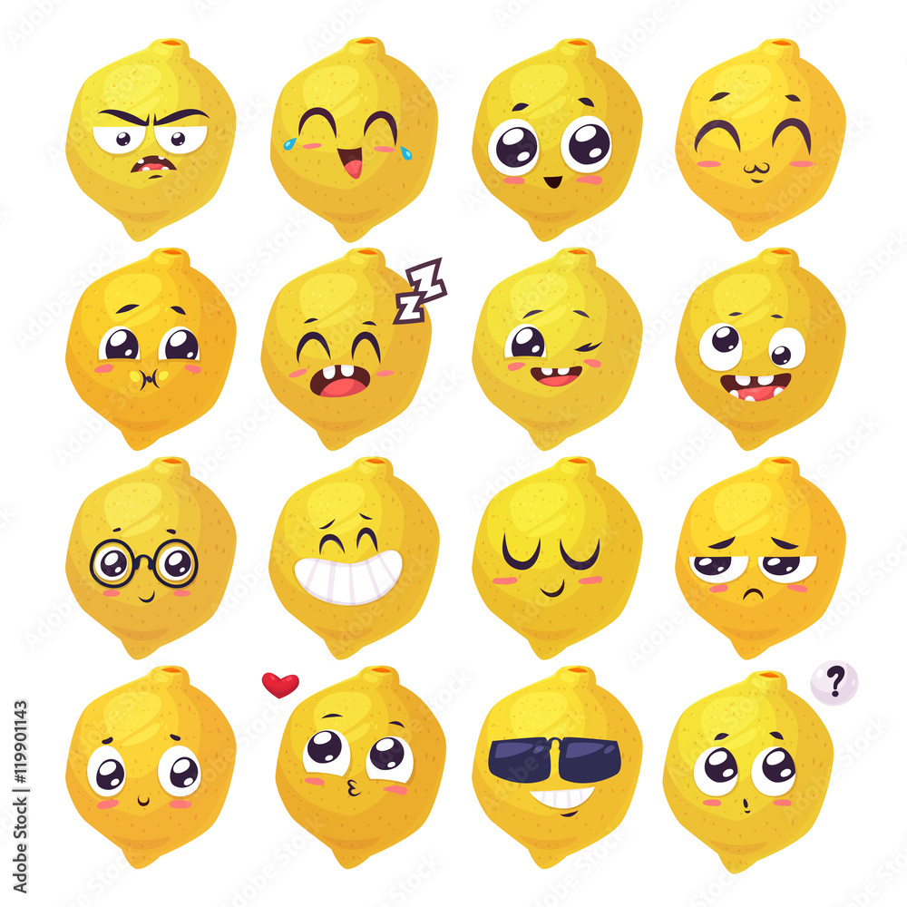 Smiles set of fruit characters. Vector cute cartoons