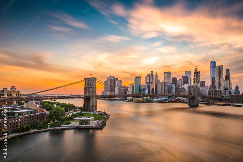 New York City Skyline over the Brooklyn Bridge.