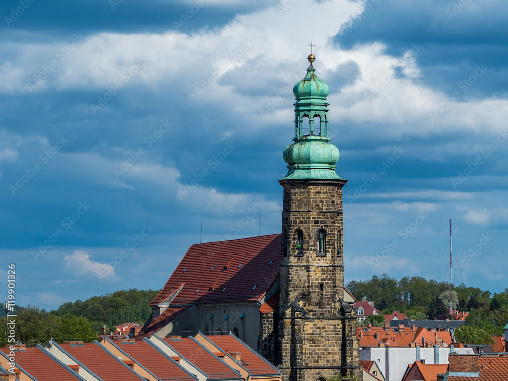 View from above on an old town - churches and apartment buildings View from above on an old town - churches and apartment buildings