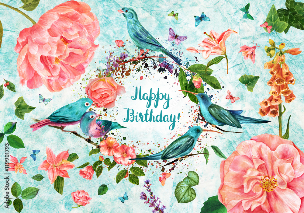 Happy Birthday watercolor card with handwritten text Stock Illustration ...