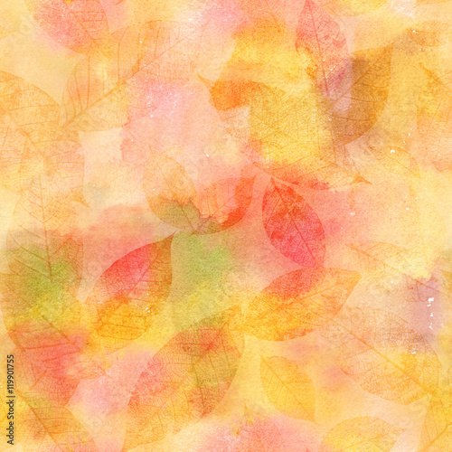 Seamless watercolor pattern with golden and pink skeleton leaves