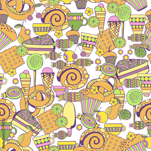 Hand drawn sweets and candies set. Colorful Vector Seamless Pattern.