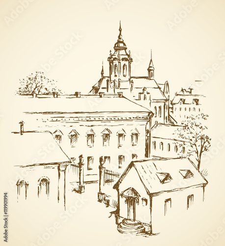 Vector cityscape. Architectural complex of old city