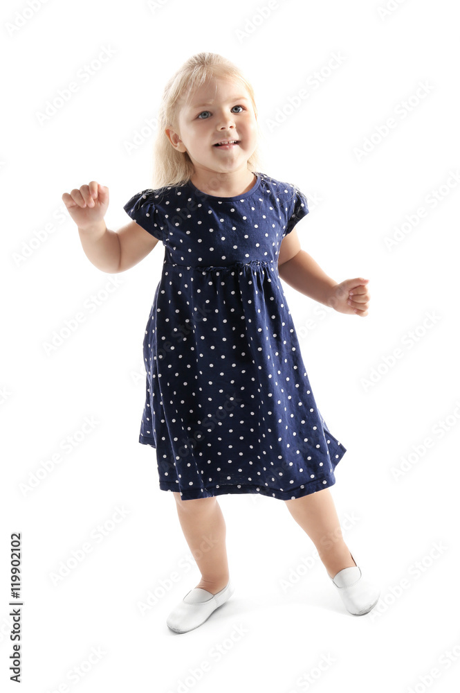 Funny little girl dancing on white background Funny little girl dancing on white background