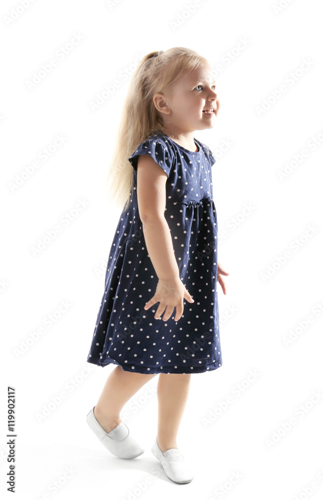 Funny little girl dancing on white background Funny little girl dancing on white background
