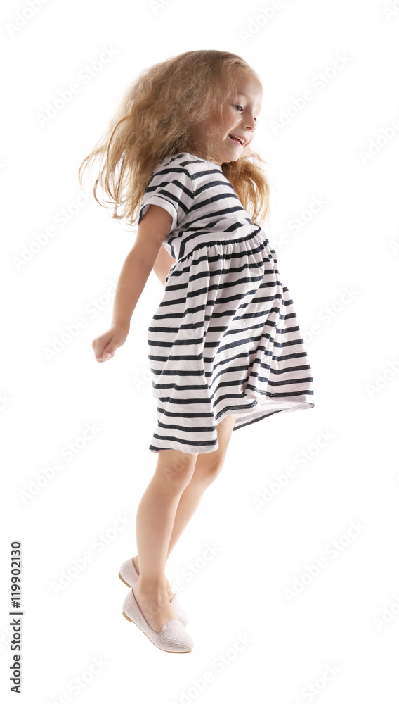 Cheerful little girl jumping on white background Cheerful little girl jumping on white background